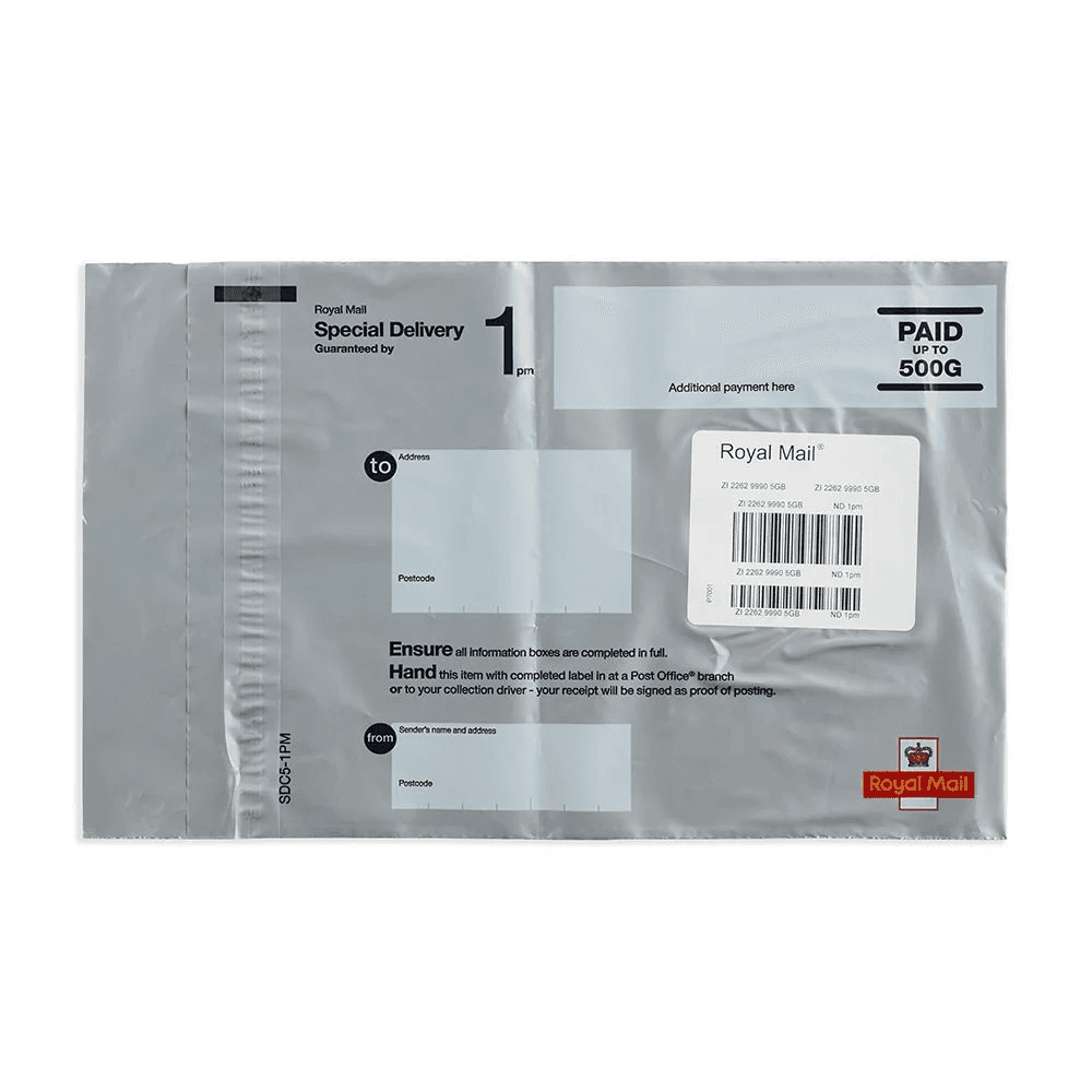 Silver Royal Mail Special Delivery envelope with a blank destination address panel and a Paid up to 500g marking.
